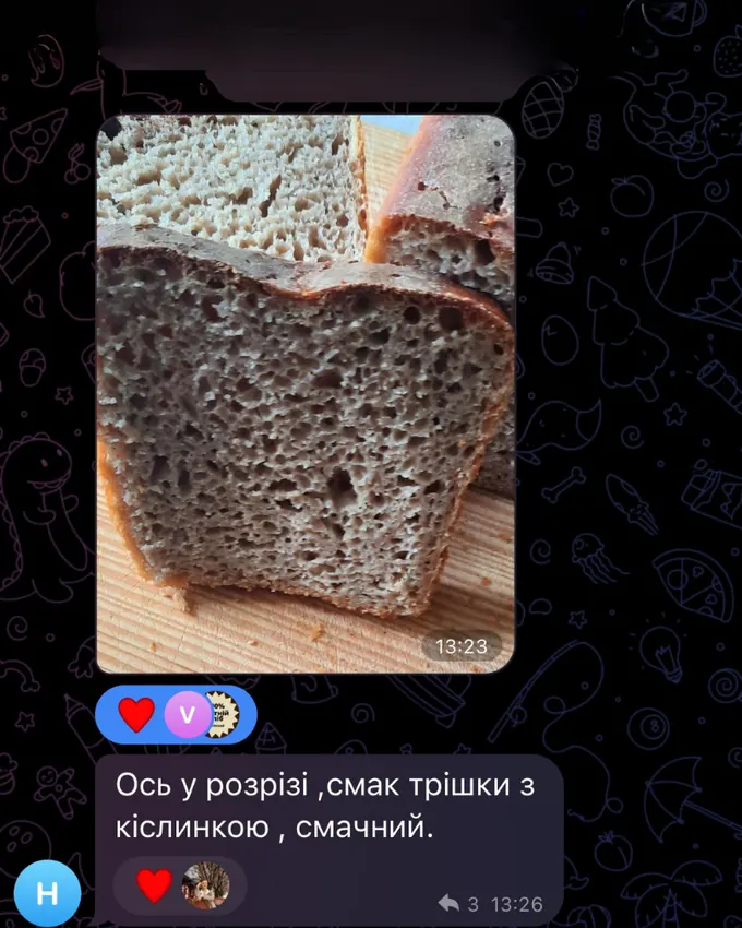Скриншот повідомлення учасниці майстерні «LAVR BREAD» у чаті спільноти, 1 з 11.
