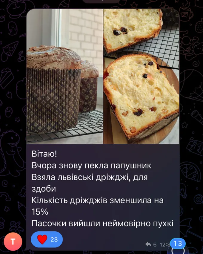 Скриншот повідомлення учасниці майстерні «LAVR BREAD» у чаті спільноти, 6 з 11.